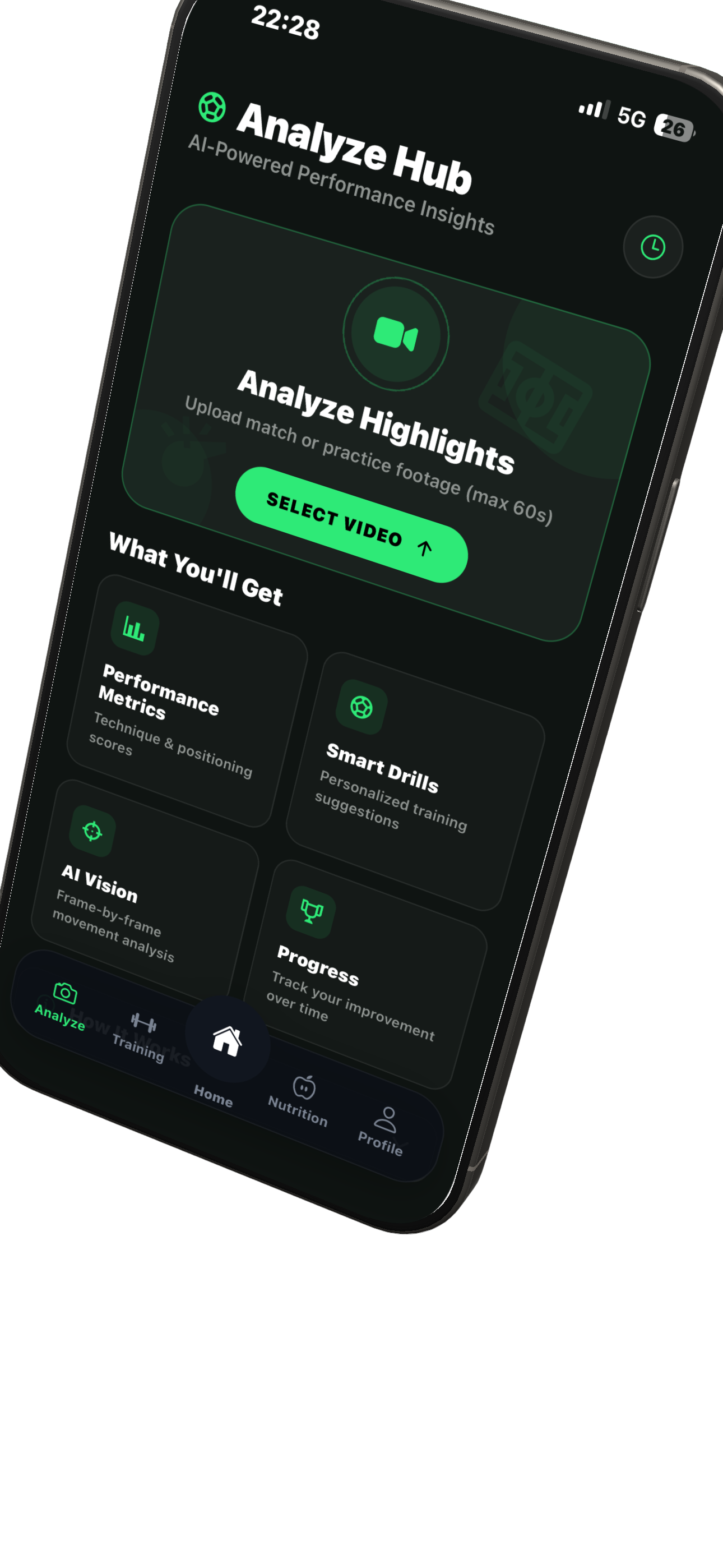 Footly Analyze Hub showing AI-powered video analysis with performance metrics and smart drills
