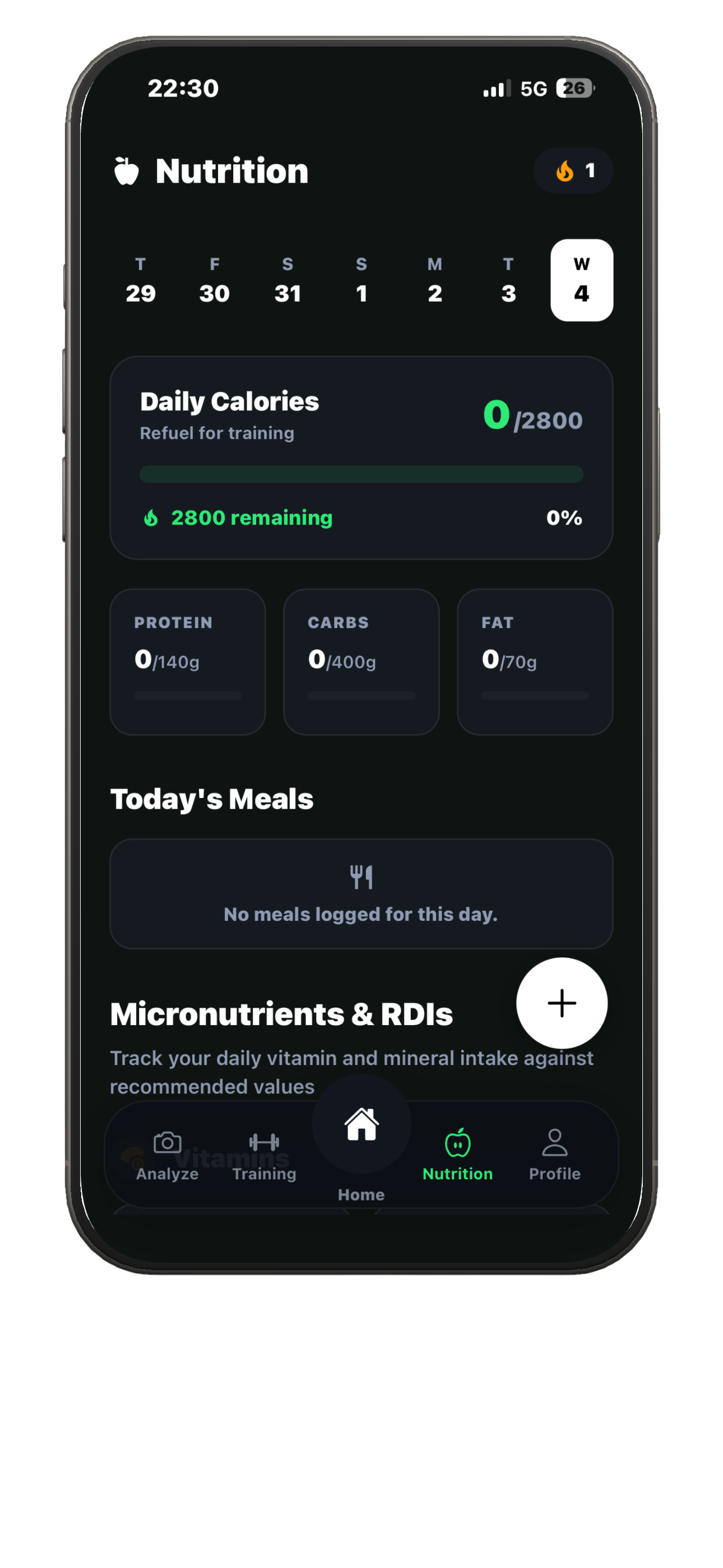 Footly Nutrition tracker showing daily calories, macros, and meal logging