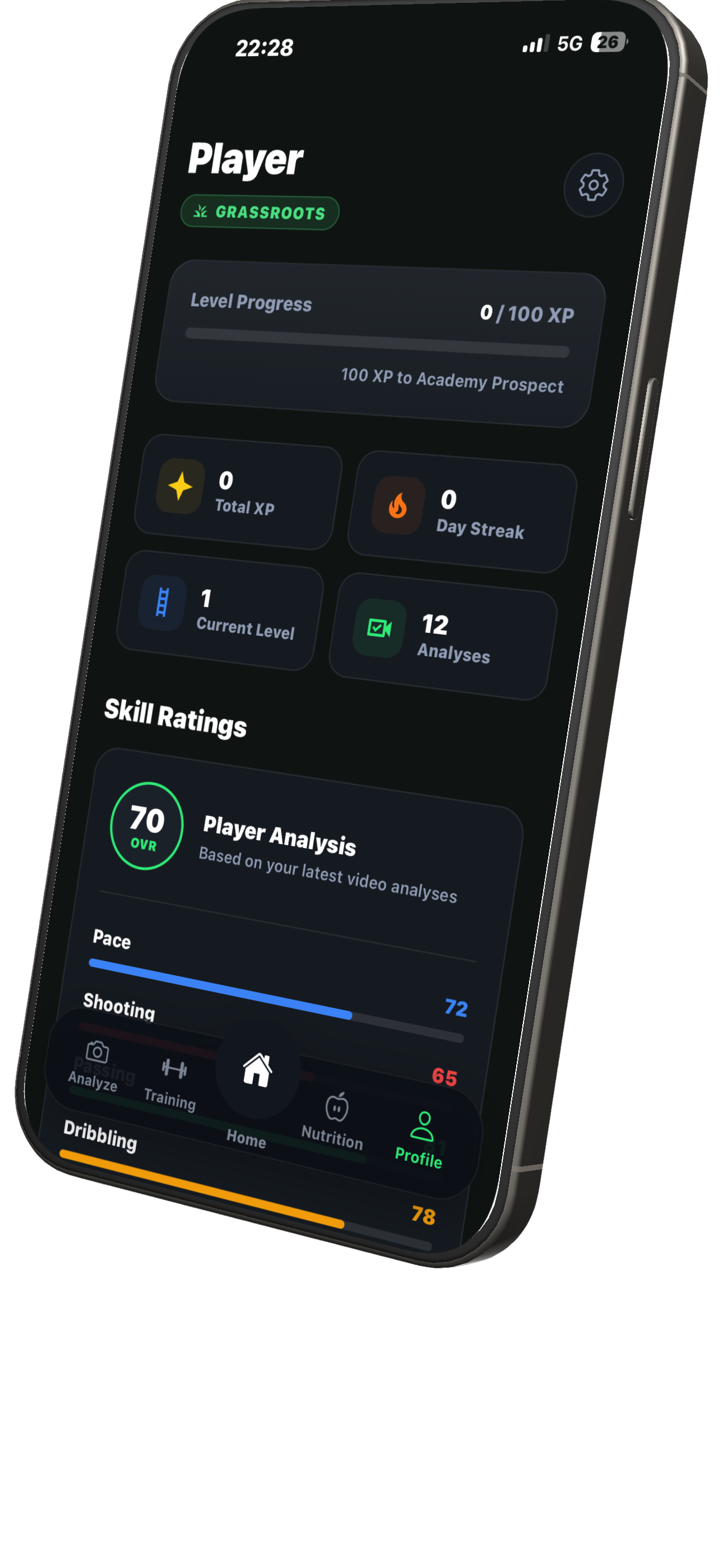 Footly Player profile showing skill ratings, XP progress, and performance analysis