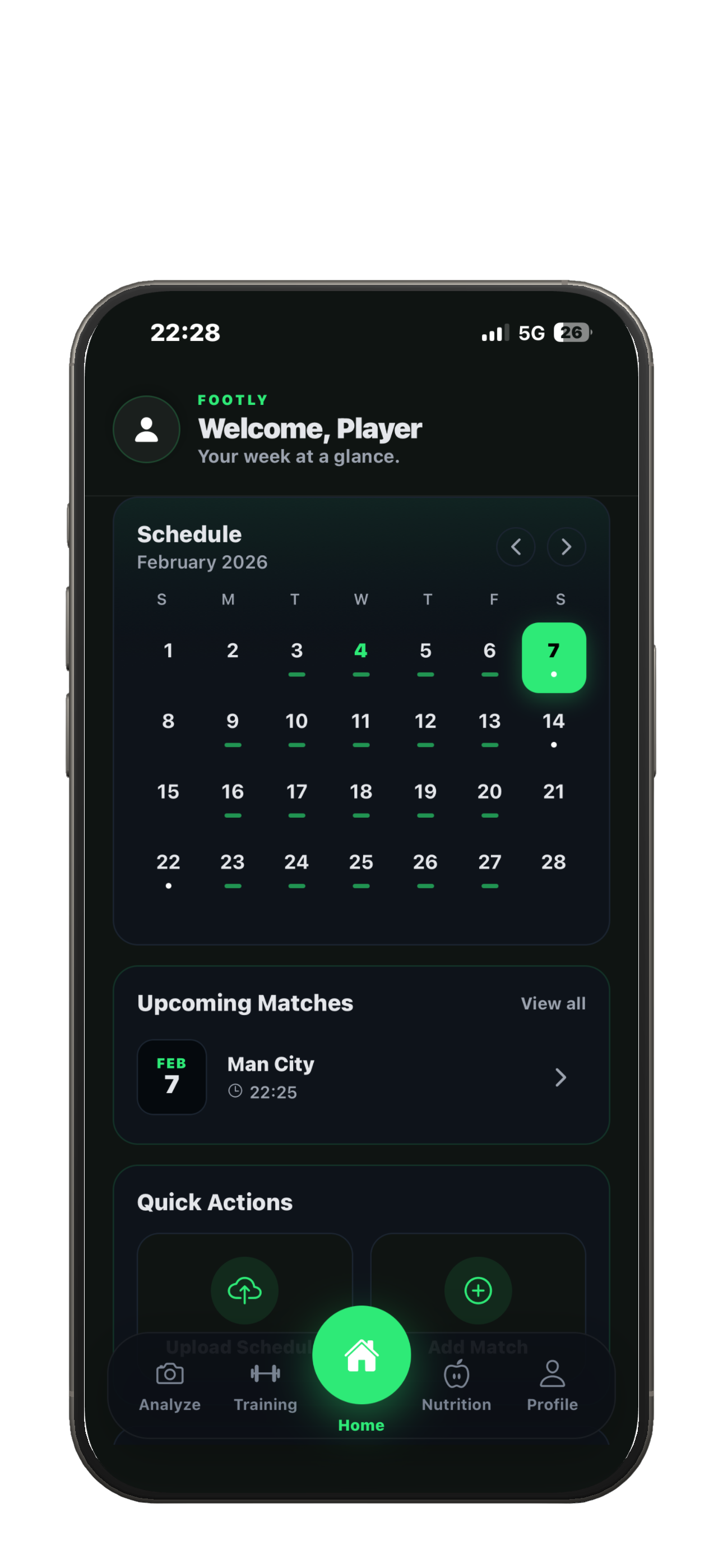 Footly Home screen showing February 2026 calendar schedule and upcoming matches