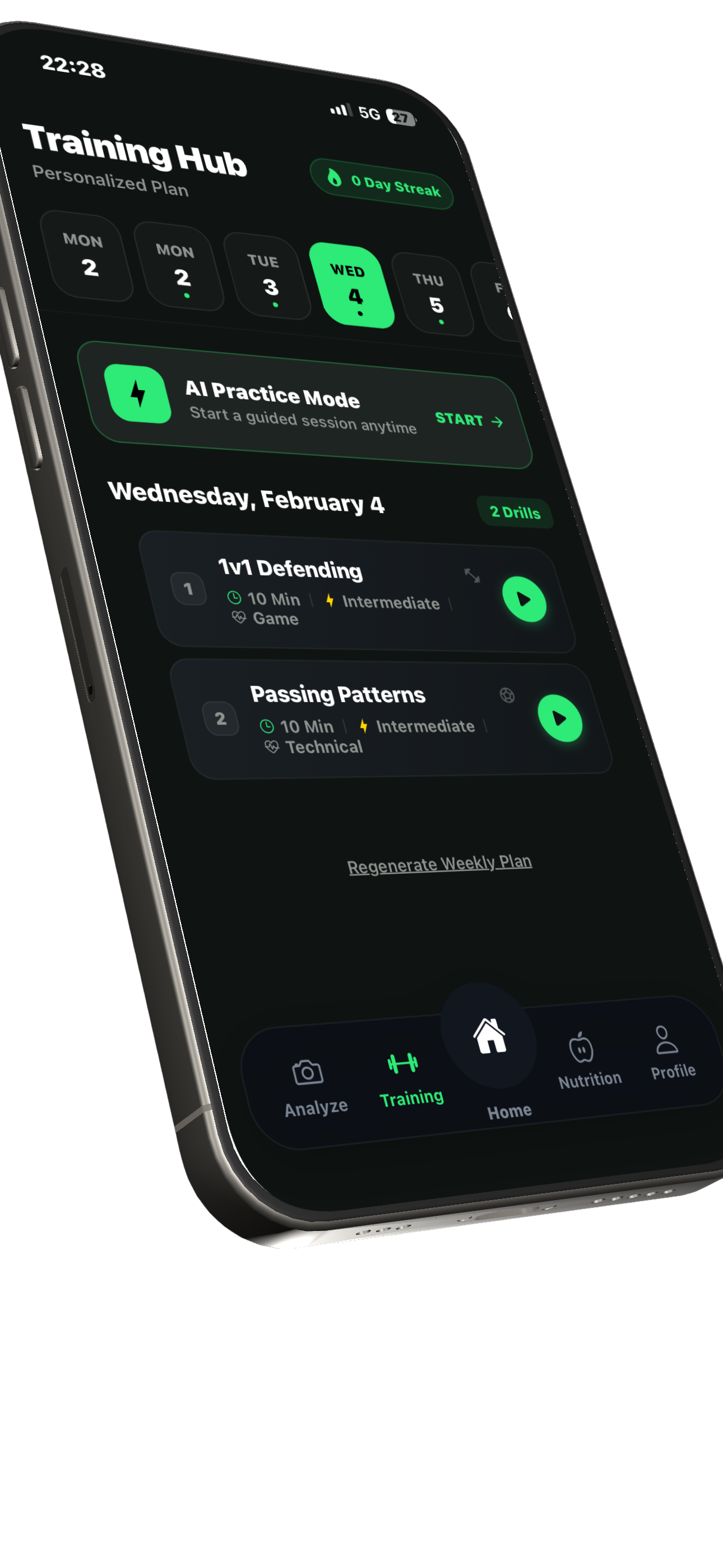 Footly Training Hub showing personalized plan with AI Practice Mode and daily drills